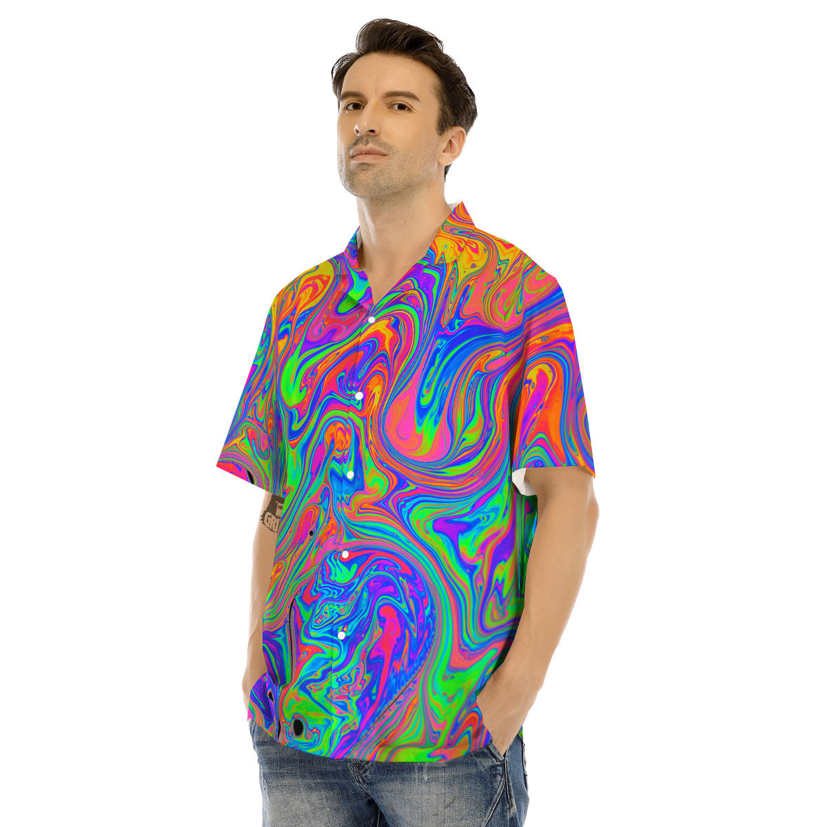 Pink Psychedelic Trippy Neon Green Print Men's Hawaiian Shirt-grizzshop