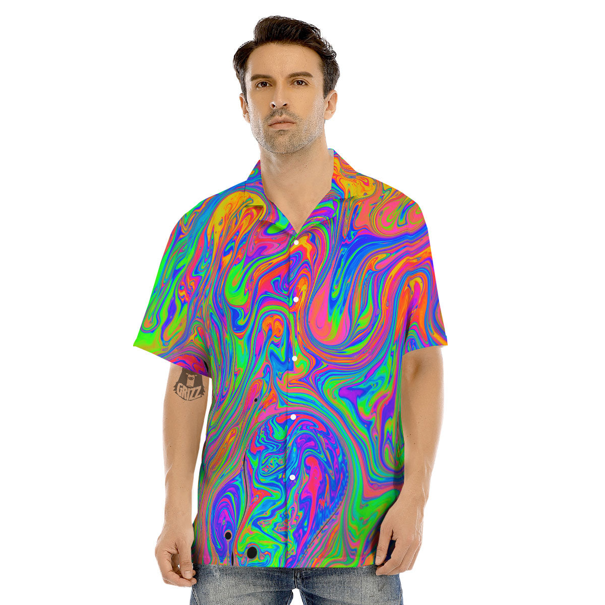 Pink Psychedelic Trippy Neon Green Print Men's Hawaiian Shirt-grizzshop
