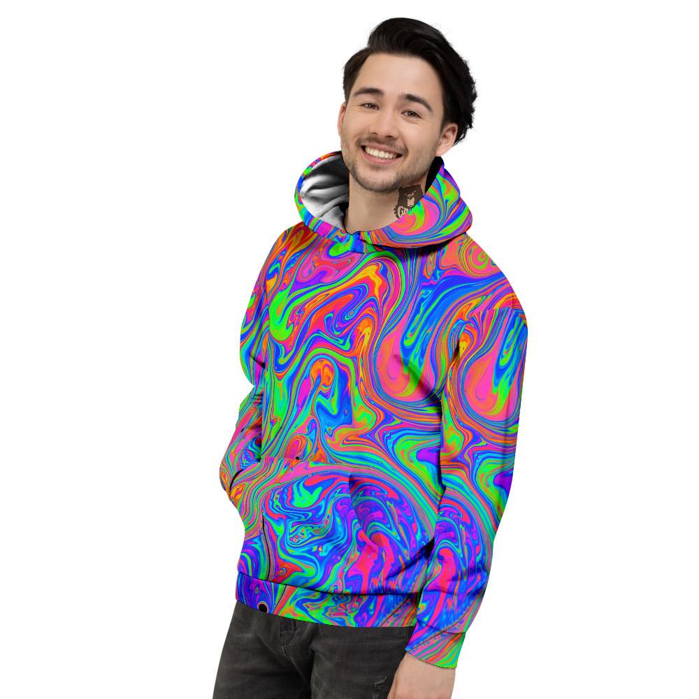 Pink Psychedelic Trippy Neon Green Print Men's Hoodie-grizzshop