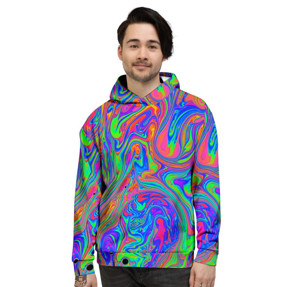 Pink Psychedelic Trippy Neon Green Print Men's Hoodie-grizzshop