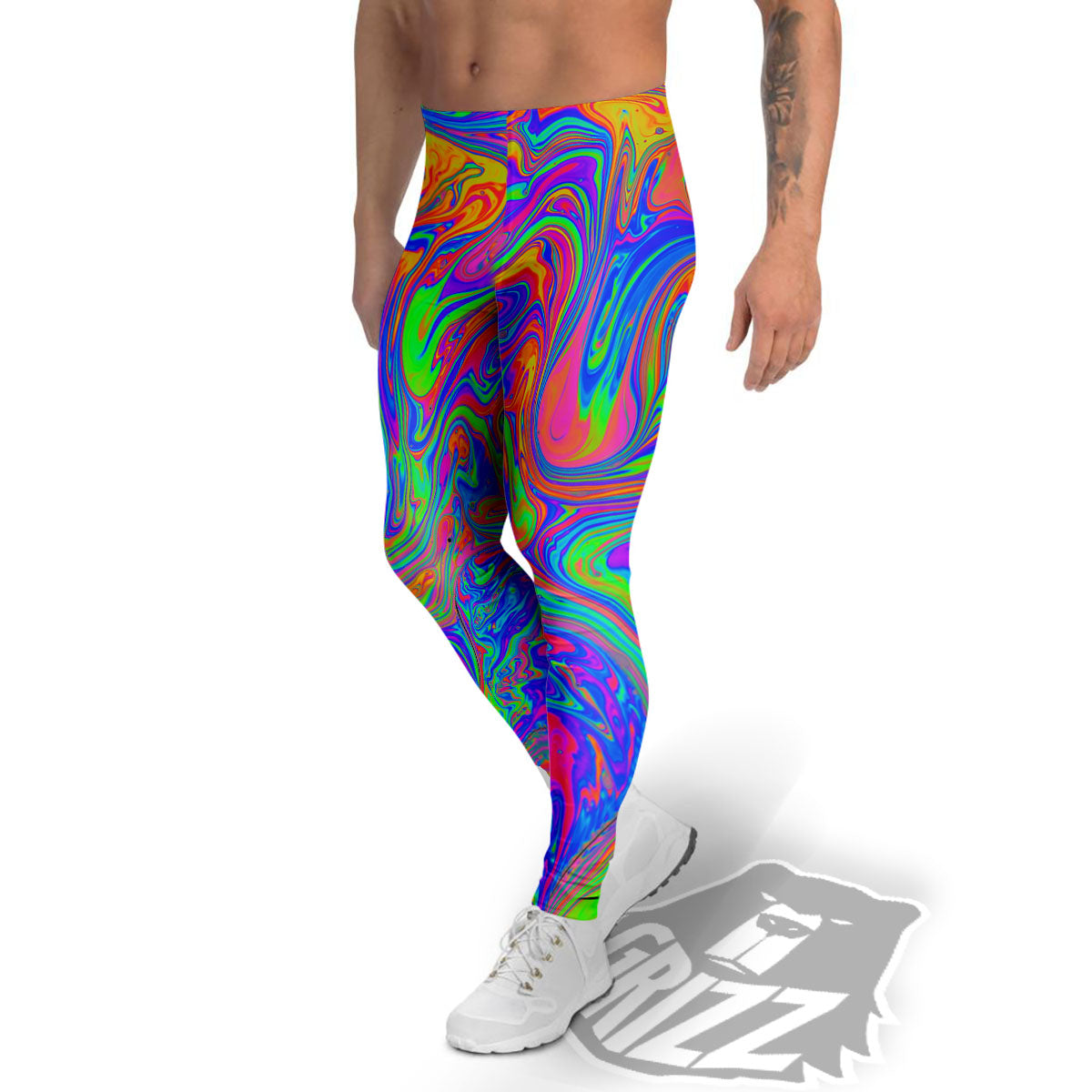 Pink Psychedelic Trippy Neon Green Print Men's Leggings-grizzshop
