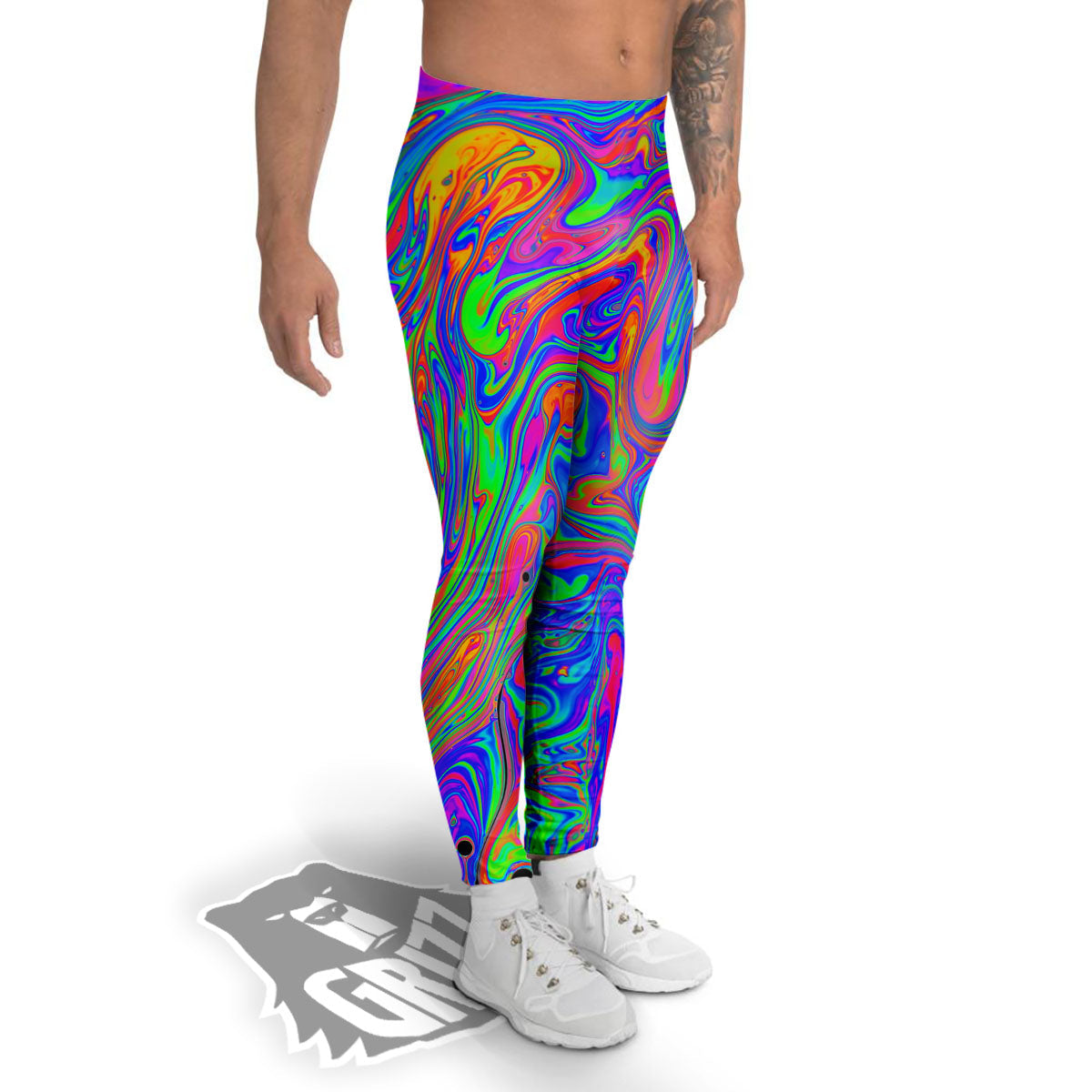 Pink Psychedelic Trippy Neon Green Print Men's Leggings-grizzshop