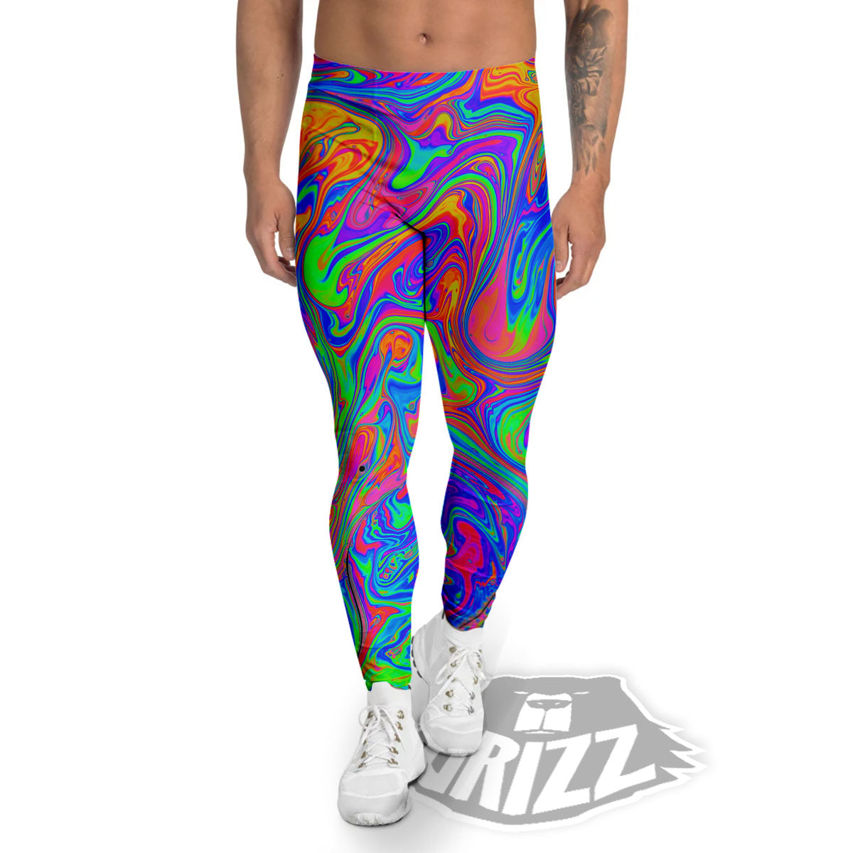 Pink Psychedelic Trippy Neon Green Print Men's Leggings-grizzshop
