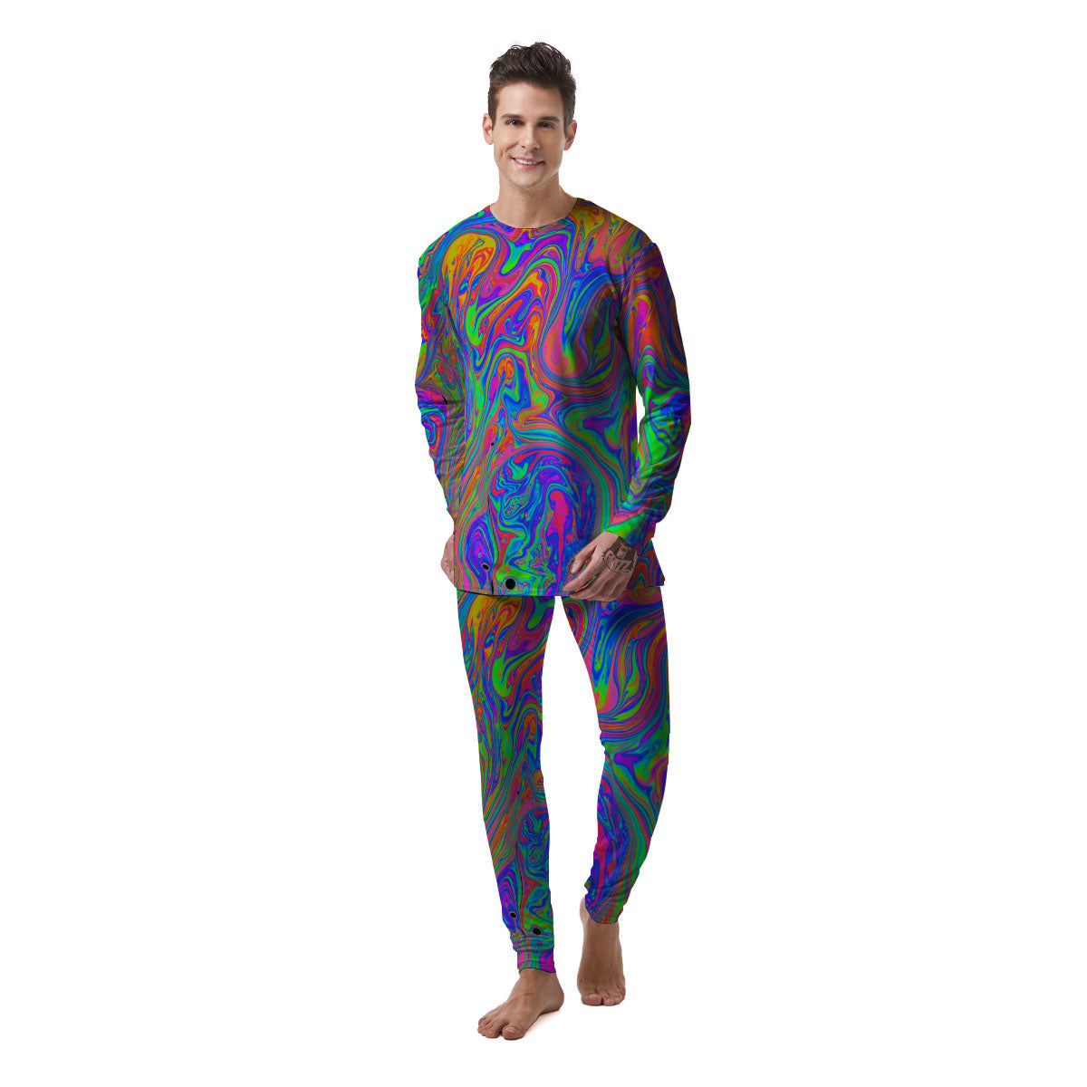 Pink Psychedelic Trippy Neon Green Print Men's Pajamas-grizzshop