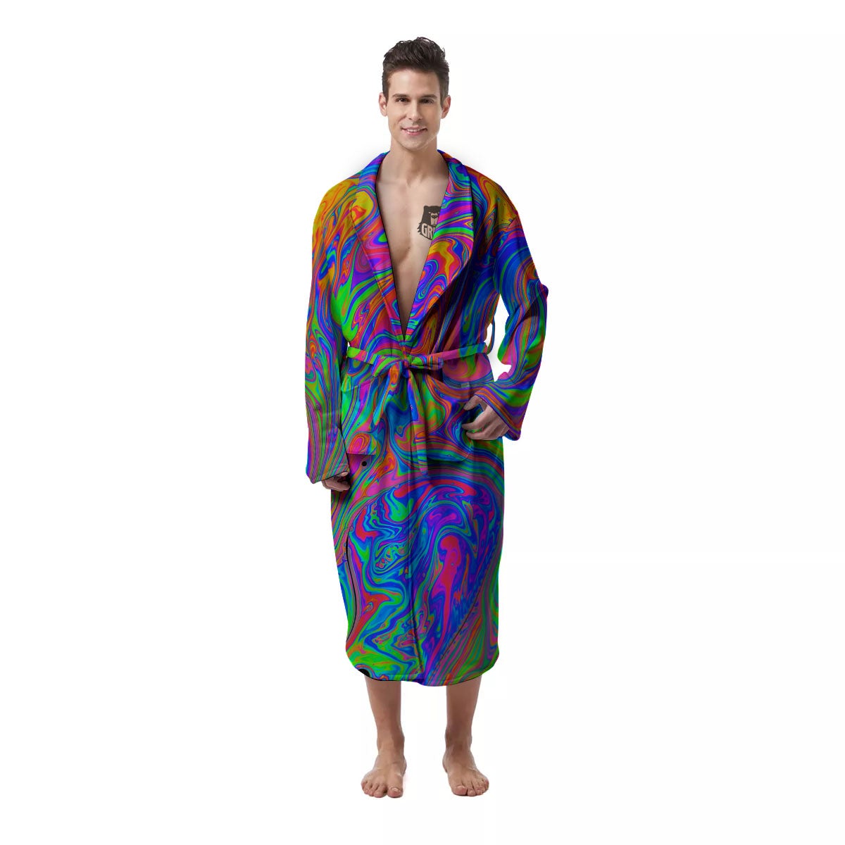 Pink Psychedelic Trippy Neon Green Print Men's Robe-grizzshop