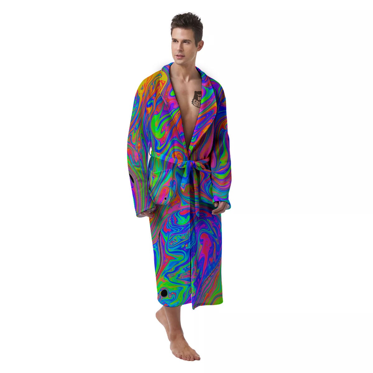 Pink Psychedelic Trippy Neon Green Print Men's Robe-grizzshop