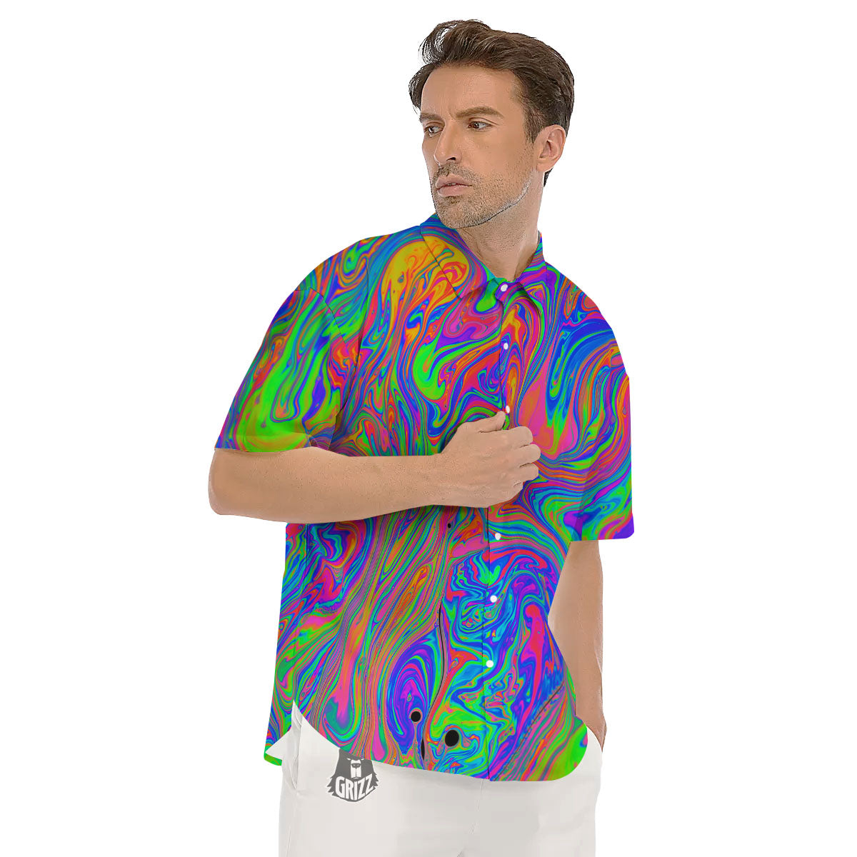 Pink Psychedelic Trippy Neon Green Print Men's Short Sleeve Shirts-grizzshop