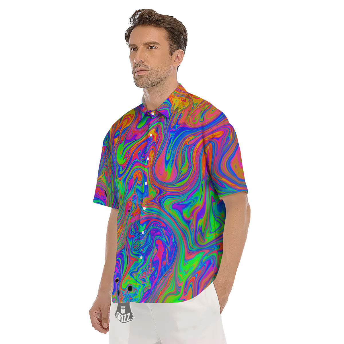 Pink Psychedelic Trippy Neon Green Print Men's Short Sleeve Shirts-grizzshop