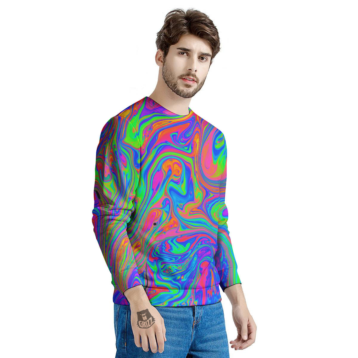 Pink Psychedelic Trippy Neon Green Print Men's Sweatshirt-grizzshop