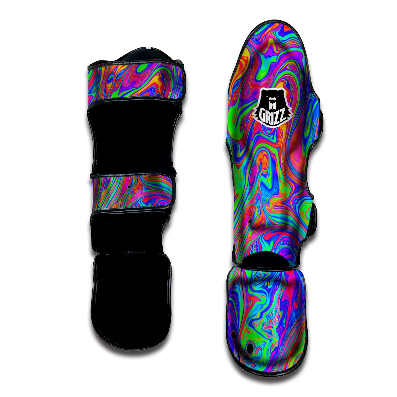 Pink Psychedelic Trippy Neon Green Print Muay Thai Shin Guards-grizzshop