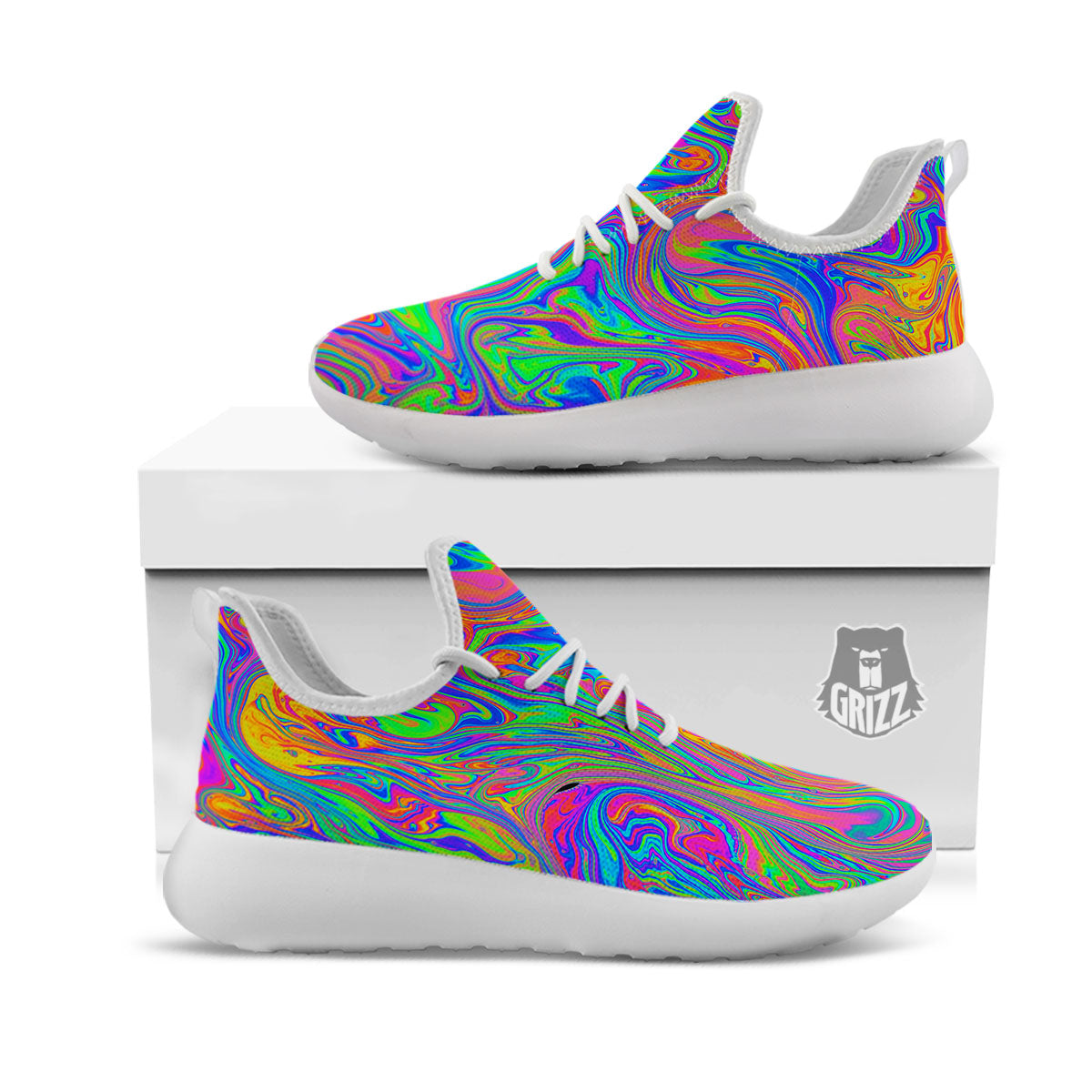 Pink Psychedelic Trippy Neon Green Print White Athletic Shoes-grizzshop