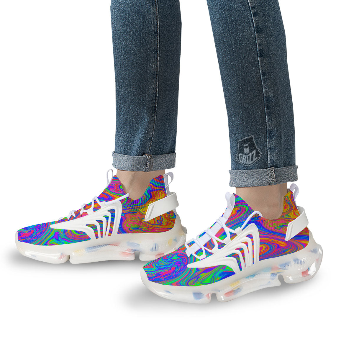 Pink Psychedelic Trippy Neon Green Print White Gym Shoes-grizzshop