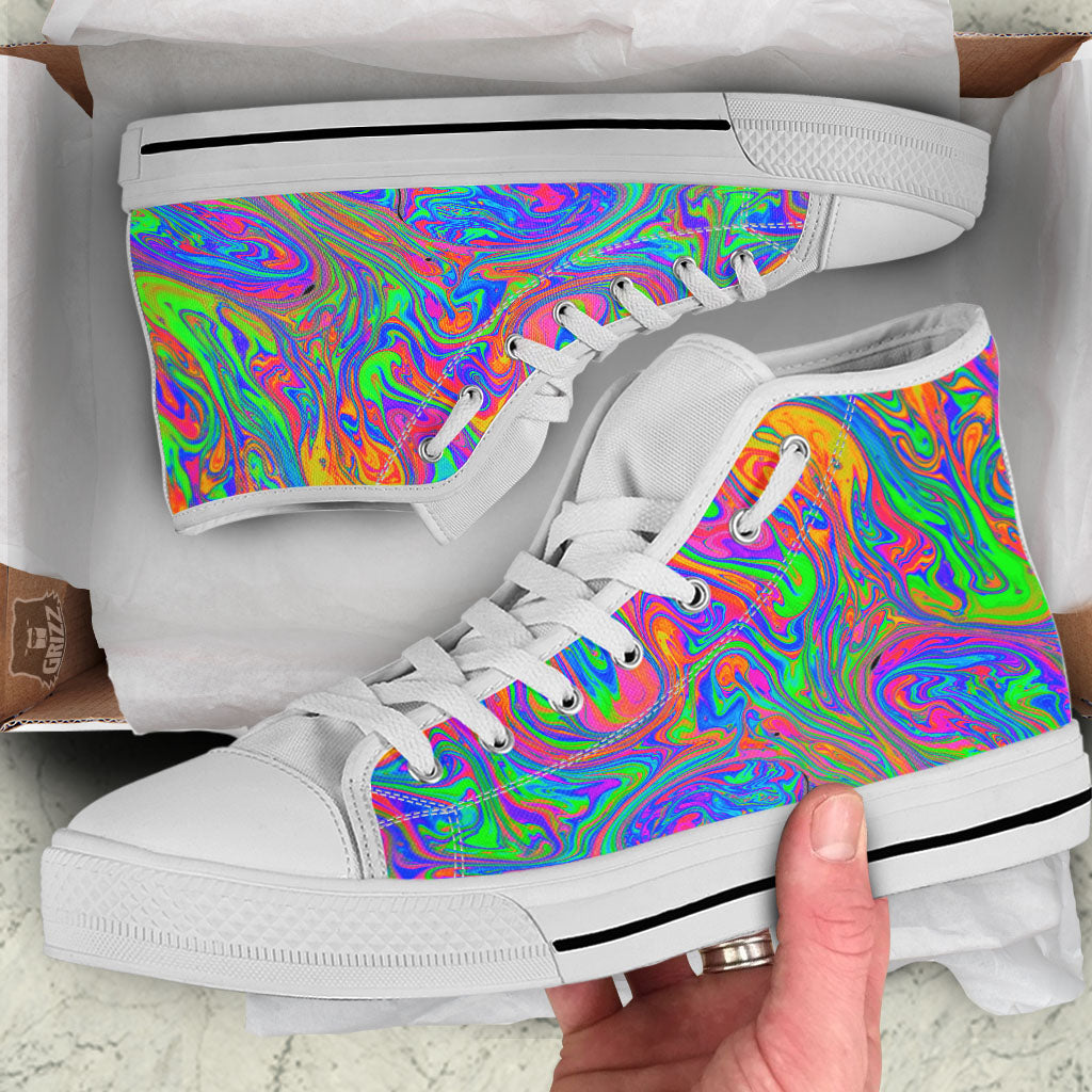 Pink Psychedelic Trippy Neon Green Print White High Top Shoes-grizzshop