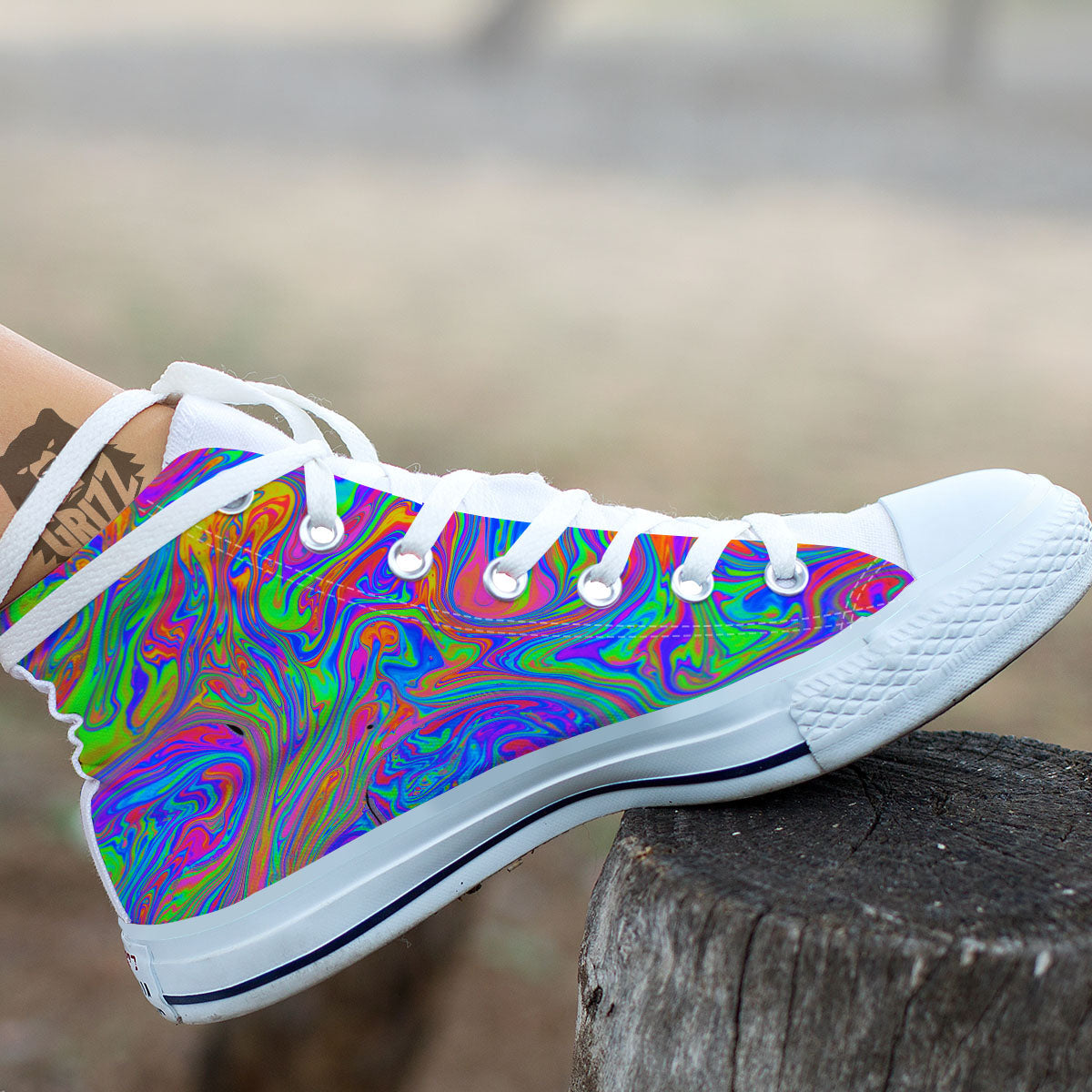 Pink Psychedelic Trippy Neon Green Print White High Top Shoes-grizzshop