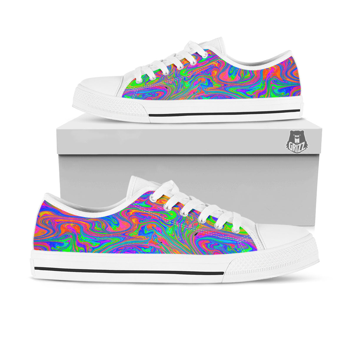 Pink Psychedelic Trippy Neon Green Print White Low Top Shoes-grizzshop