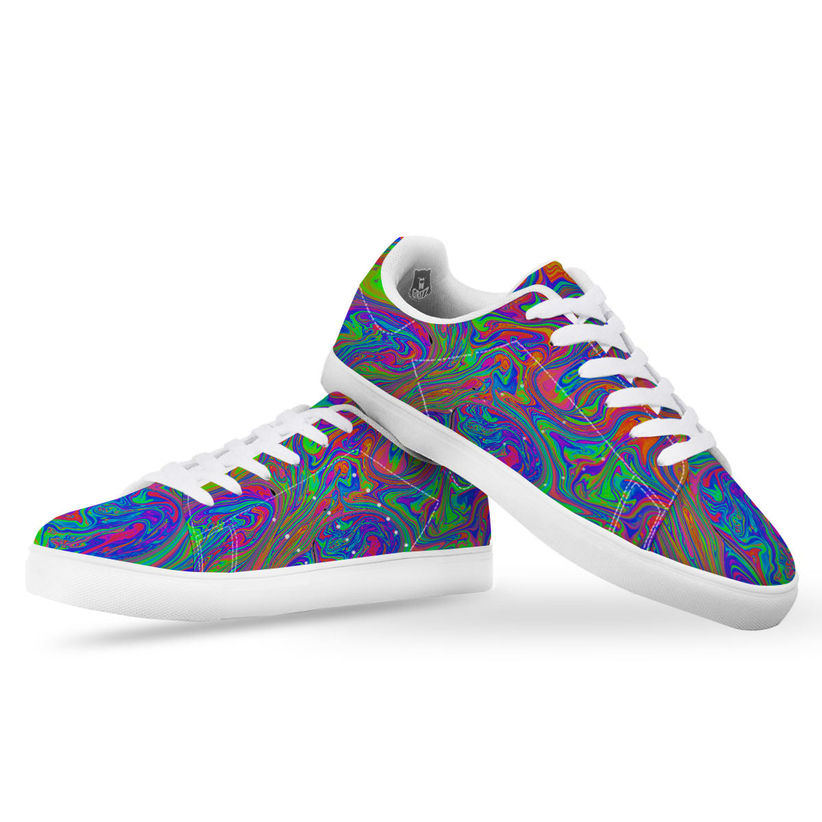 Pink Psychedelic Trippy Neon Green Print White Low Top Sneakers-grizzshop