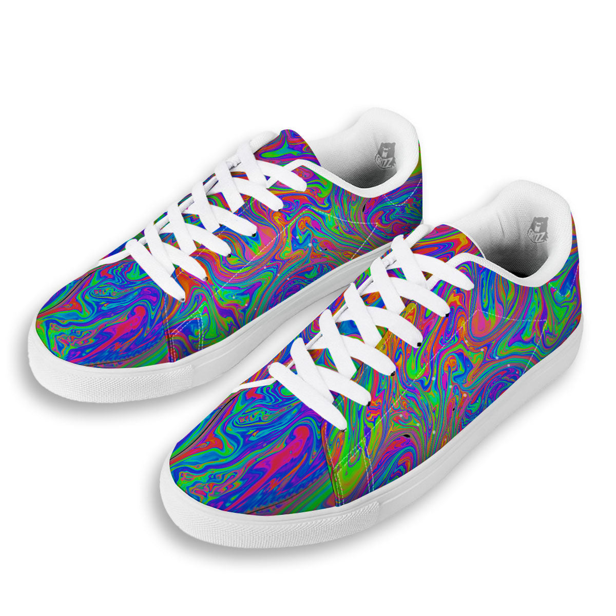 Pink Psychedelic Trippy Neon Green Print White Low Top Sneakers-grizzshop