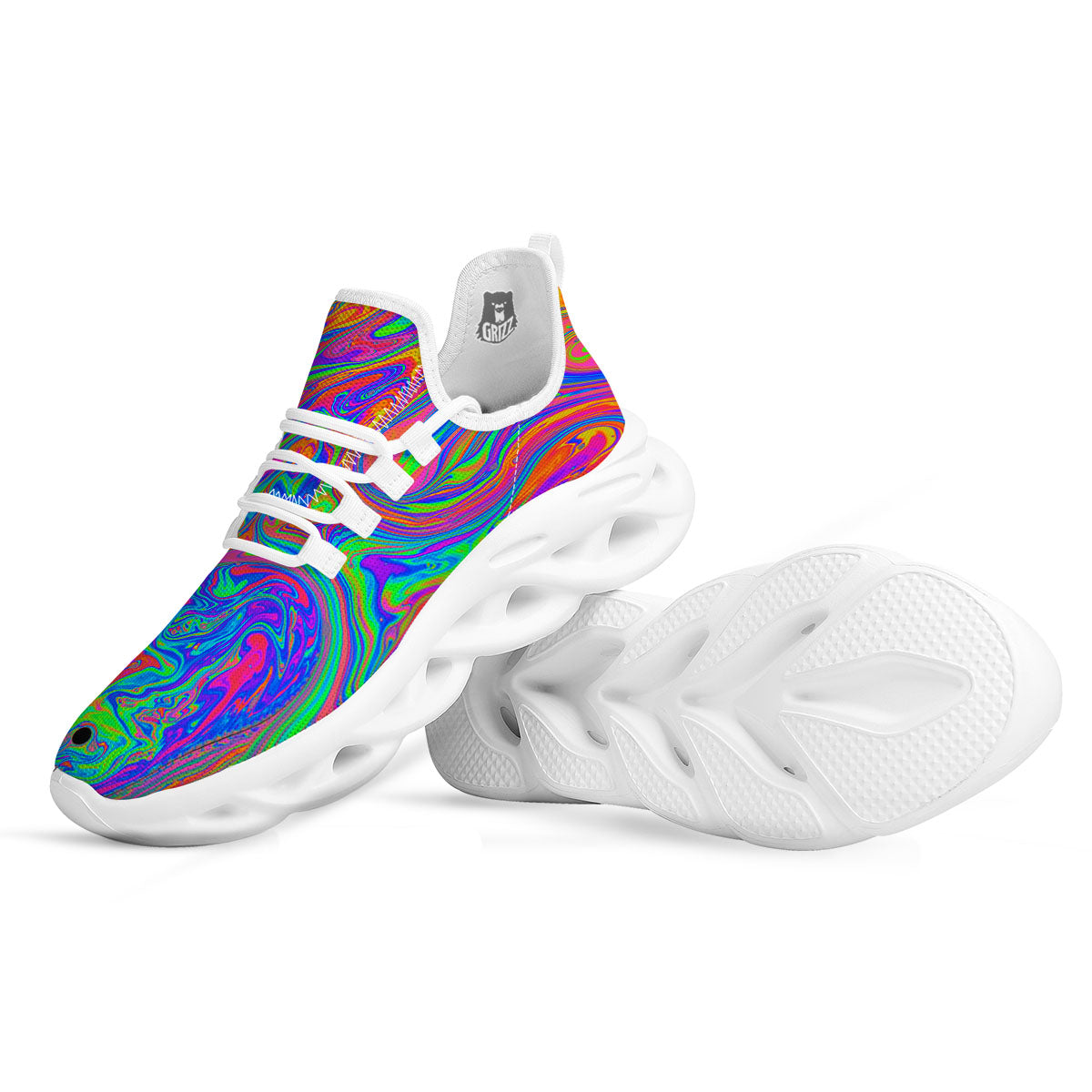 Pink Psychedelic Trippy Neon Green Print White Running Shoes-grizzshop