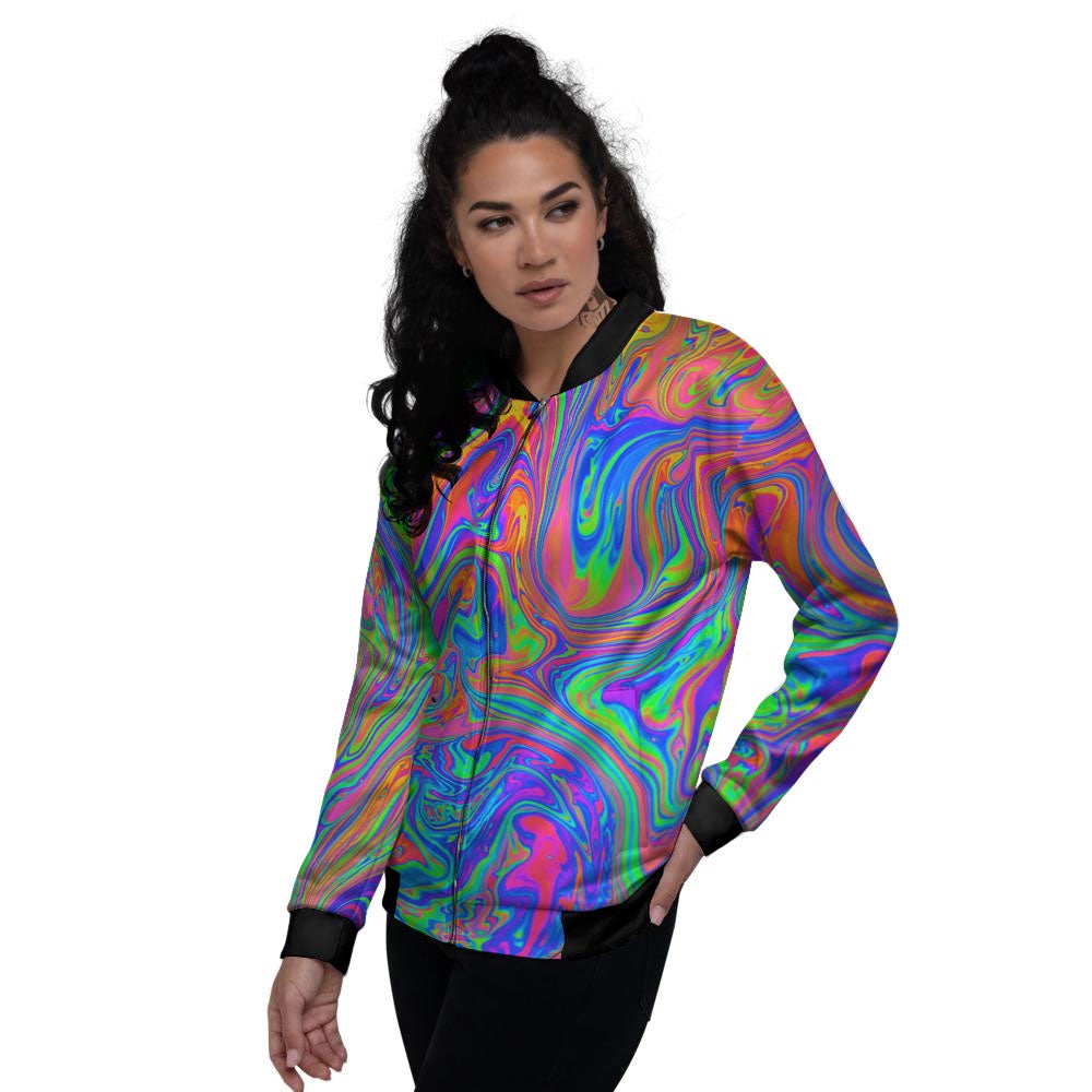 Pink Psychedelic Trippy Neon Green Print Women's Bomber Jacket-grizzshop