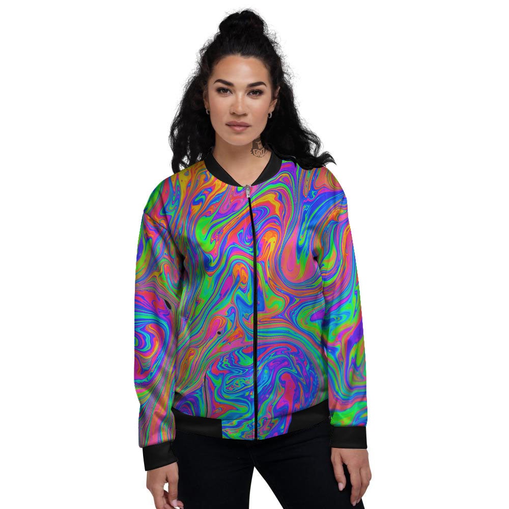 Pink Psychedelic Trippy Neon Green Print Women's Bomber Jacket-grizzshop