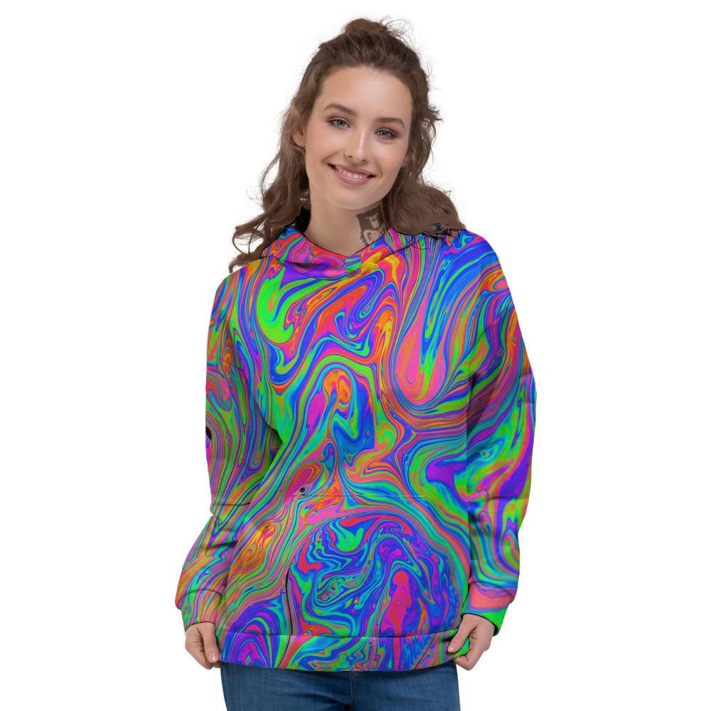 Pink Psychedelic Trippy Neon Green Print Women's Hoodie-grizzshop