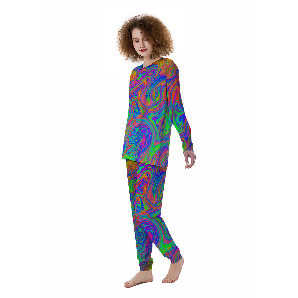 Pink Psychedelic Trippy Neon Green Print Women's Pajamas-grizzshop