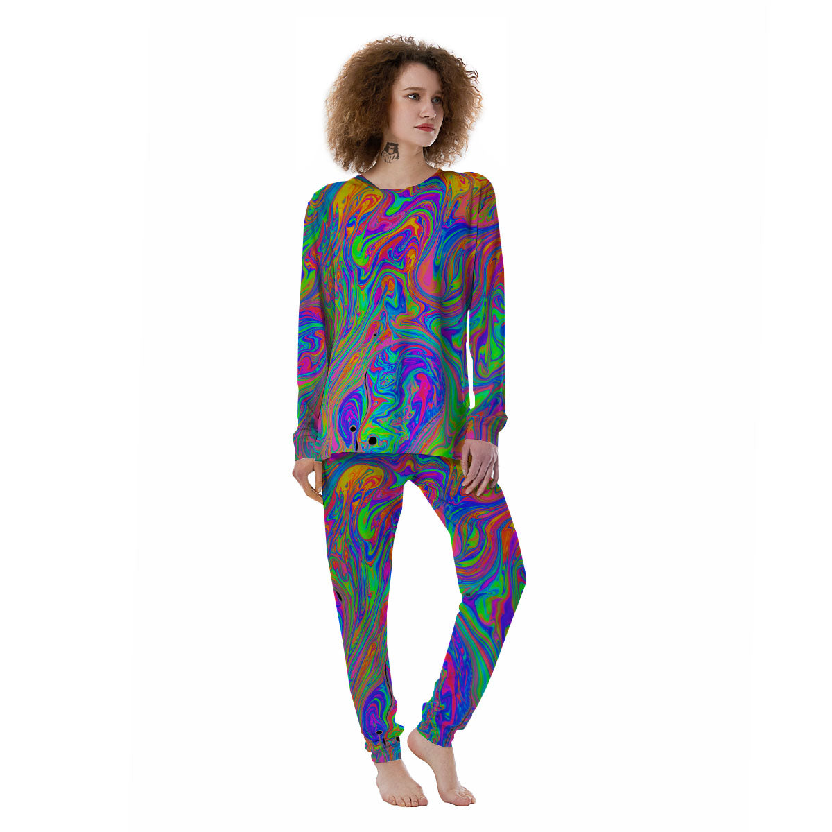 Pink Psychedelic Trippy Neon Green Print Women's Pajamas-grizzshop