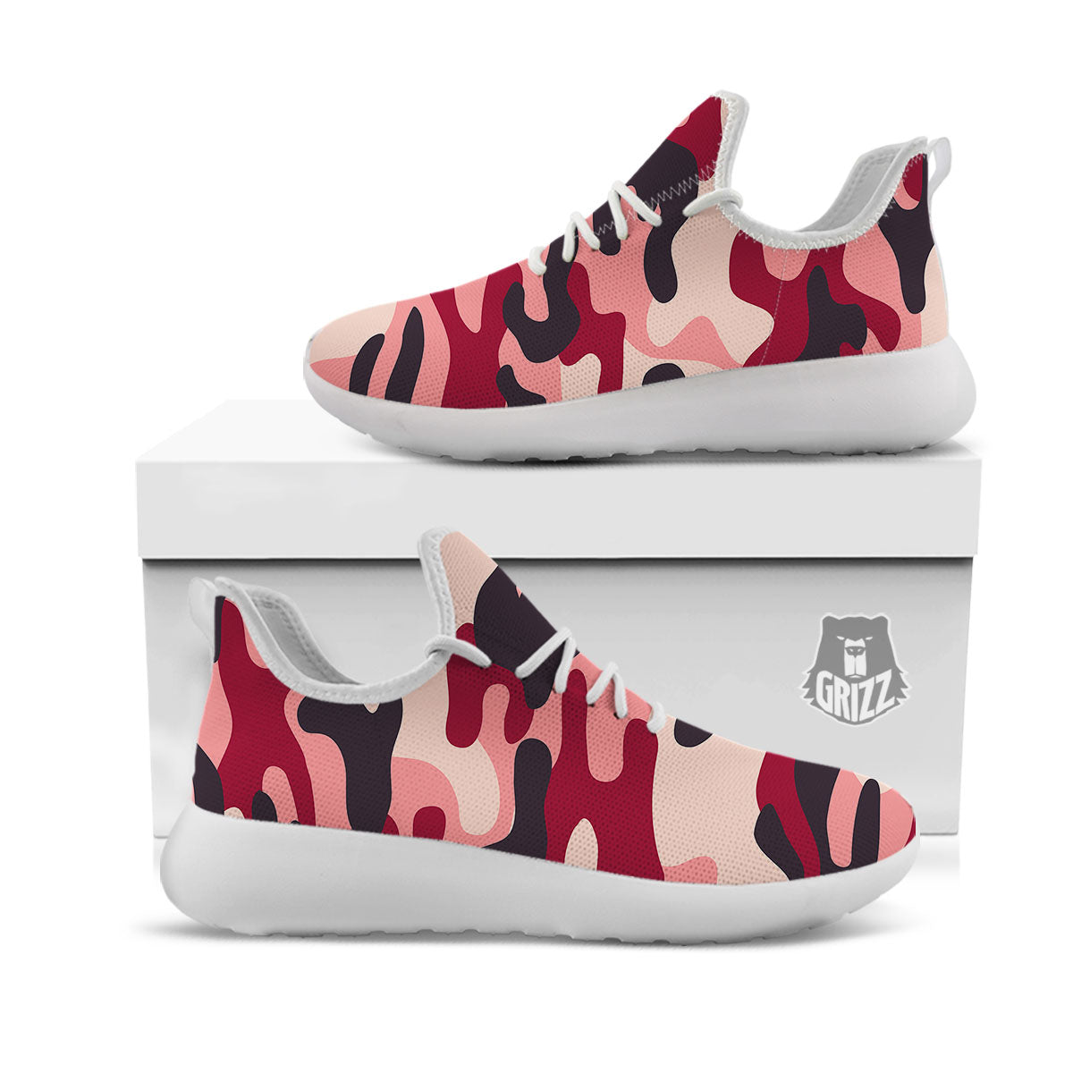 Pink Red And Black Camouflage Print White Athletic Shoes-grizzshop