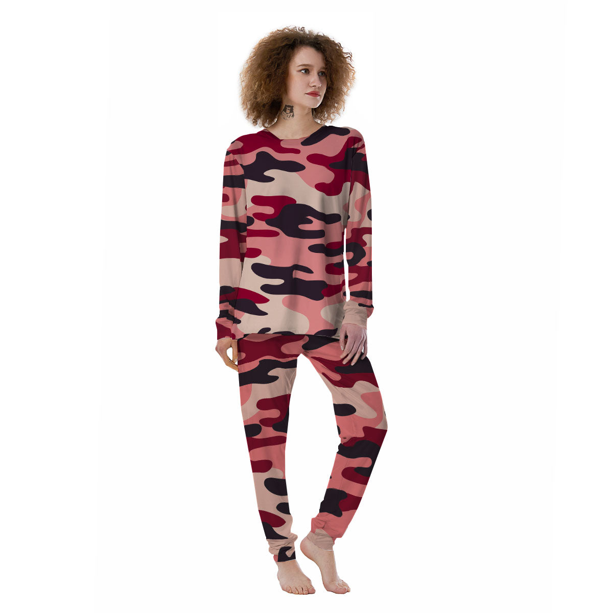 Pink Red And Black Camouflage Print Women's Pajamas-grizzshop