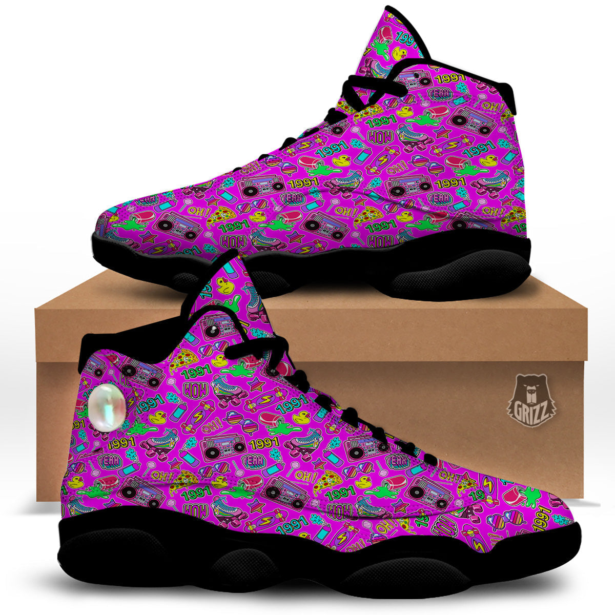 Pink Retro Stickers 90s Print Pattern Black Basketball Shoes-grizzshop