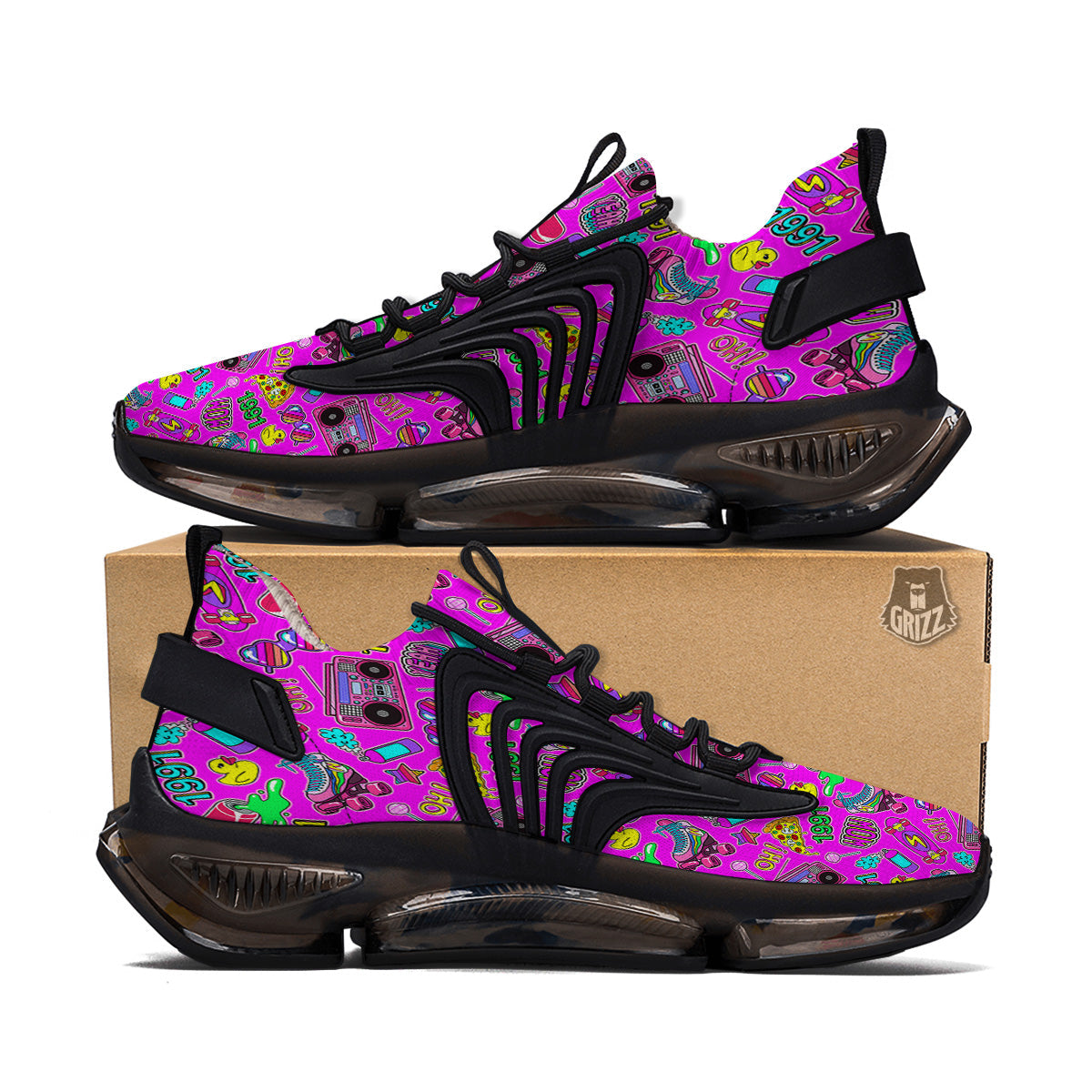 Pink Retro Stickers 90s Print Pattern Black Gym Shoes-grizzshop