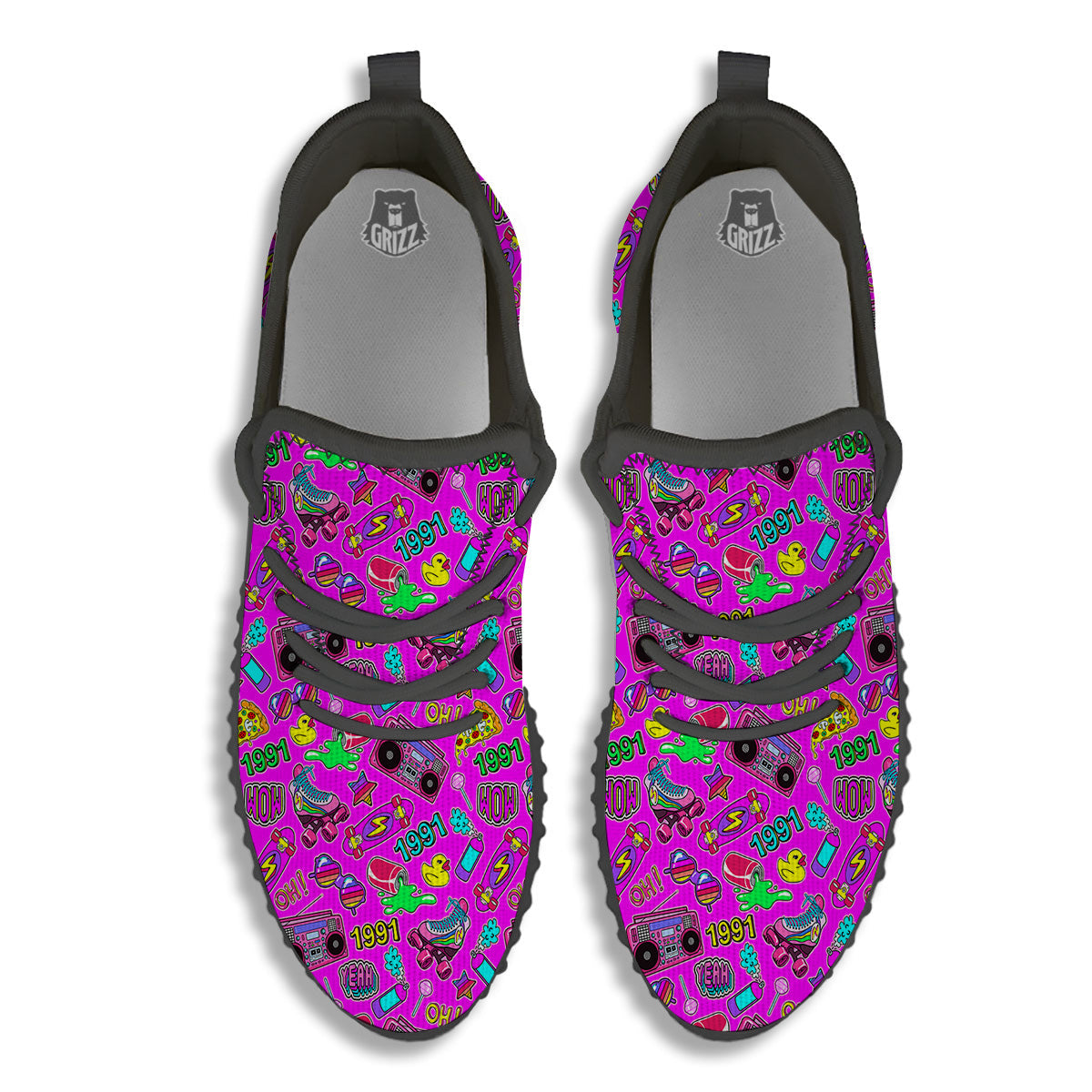 Pink Retro Stickers 90s Print Pattern Black Walking Shoes-grizzshop