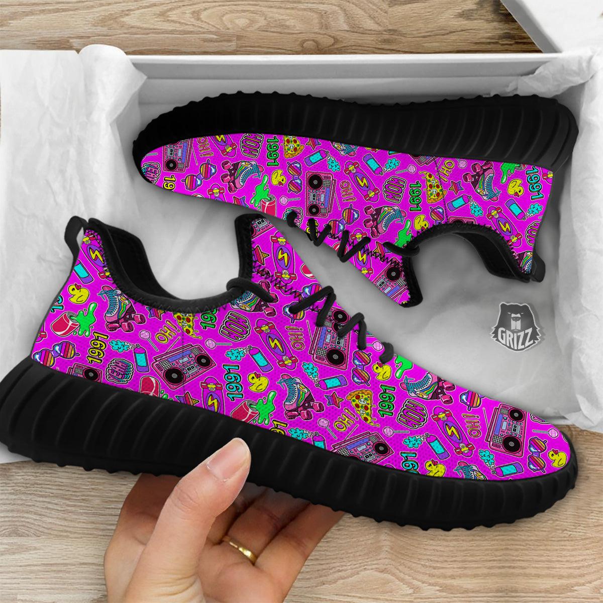 Pink Retro Stickers 90s Print Pattern Black Walking Shoes-grizzshop