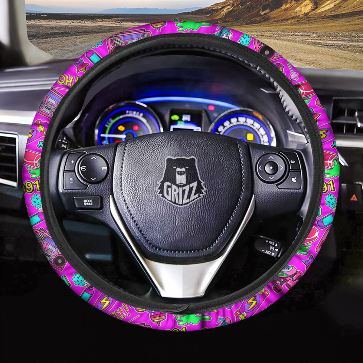 Pink Retro Stickers 90s Print Pattern Car Steering Wheel Cover-grizzshop