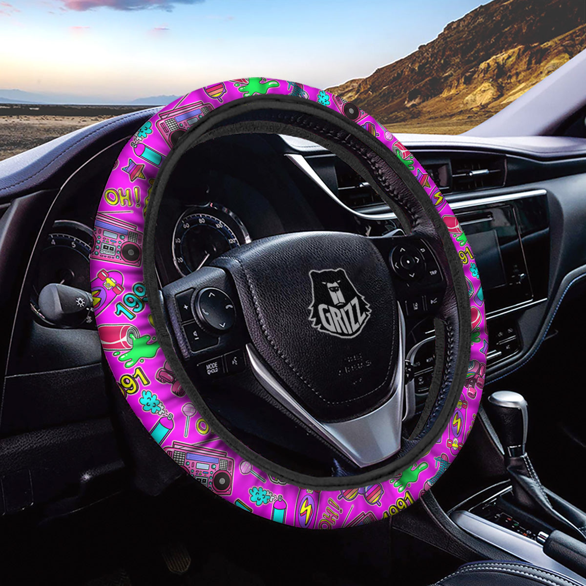 Pink Retro Stickers 90s Print Pattern Car Steering Wheel Cover-grizzshop