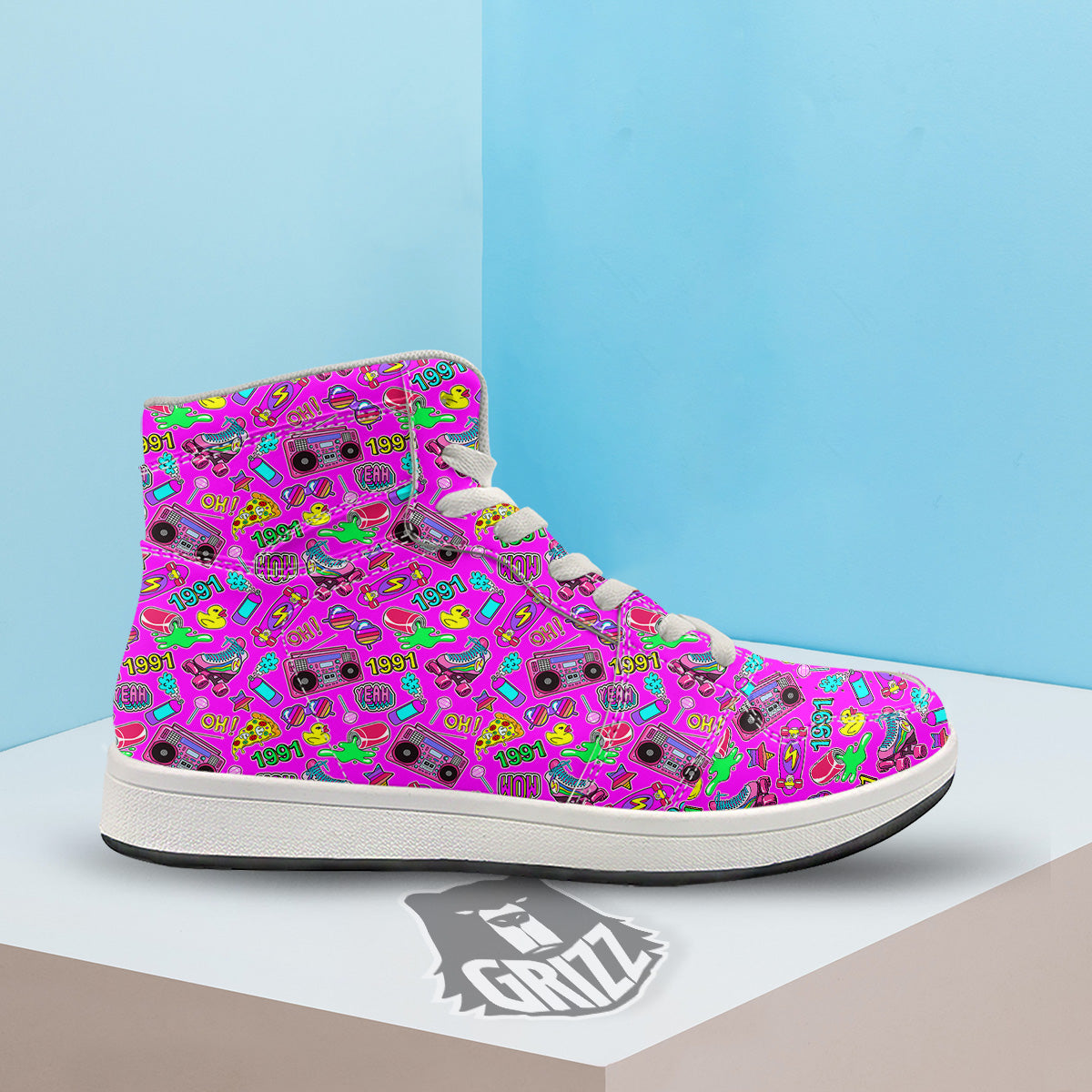 Pink Retro Stickers 90s Print Pattern High Top Sneakers-grizzshop