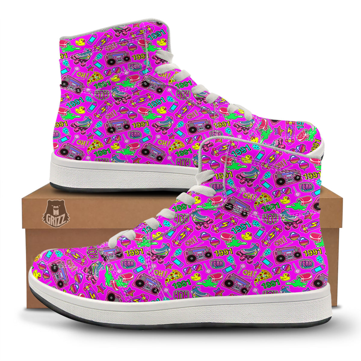 Pink Retro Stickers 90s Print Pattern High Top Sneakers-grizzshop