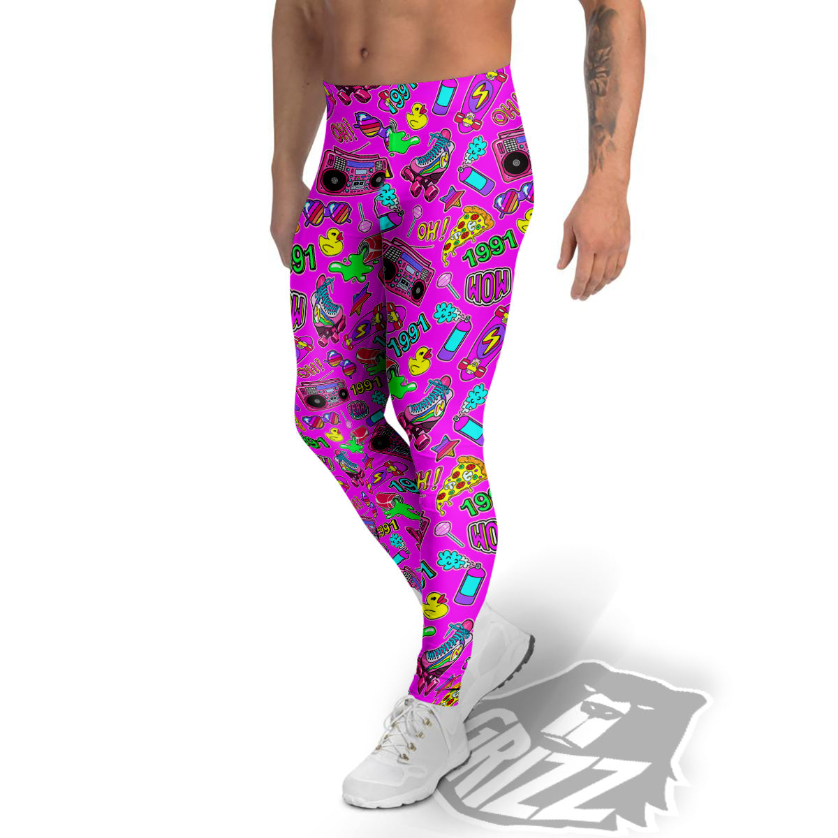 Pink Retro Stickers 90s Print Pattern Men's Leggings-grizzshop