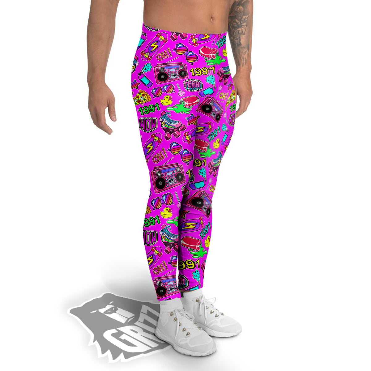 Pink Retro Stickers 90s Print Pattern Men's Leggings-grizzshop