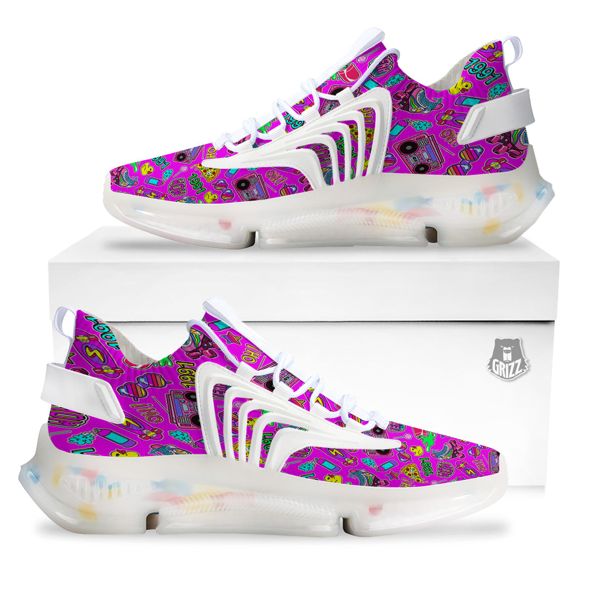 Pink Retro Stickers 90s Print Pattern White Gym Shoes-grizzshop