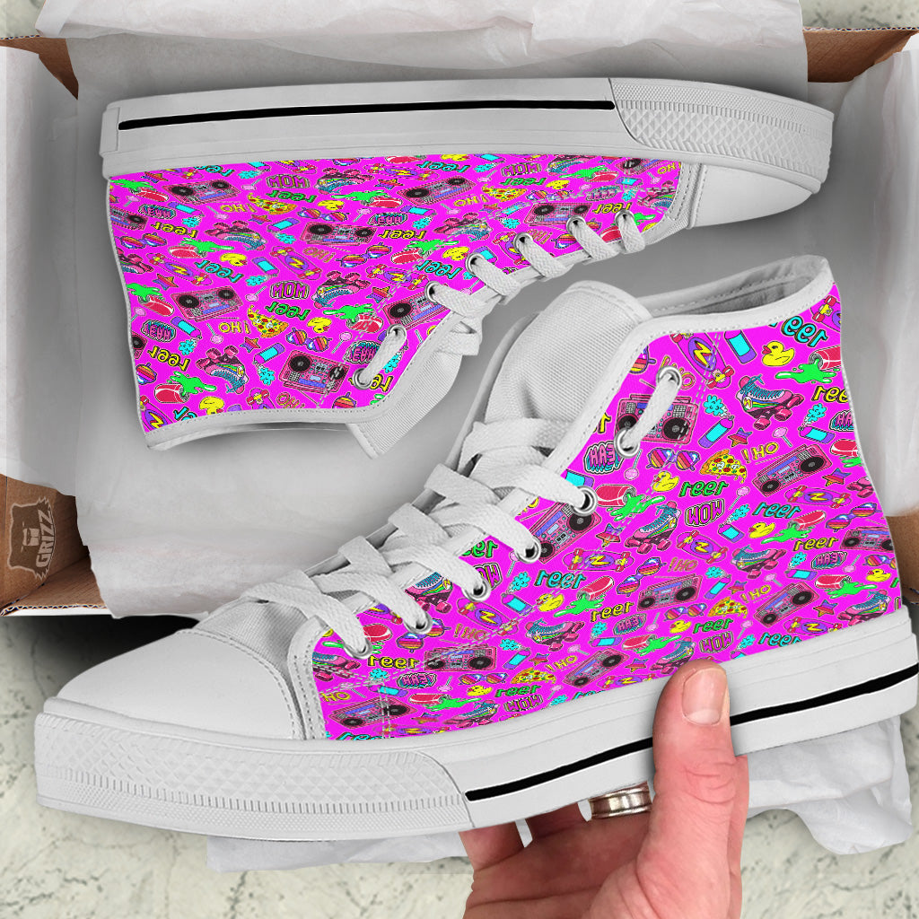 Pink Retro Stickers 90s Print Pattern White High Top Shoes-grizzshop