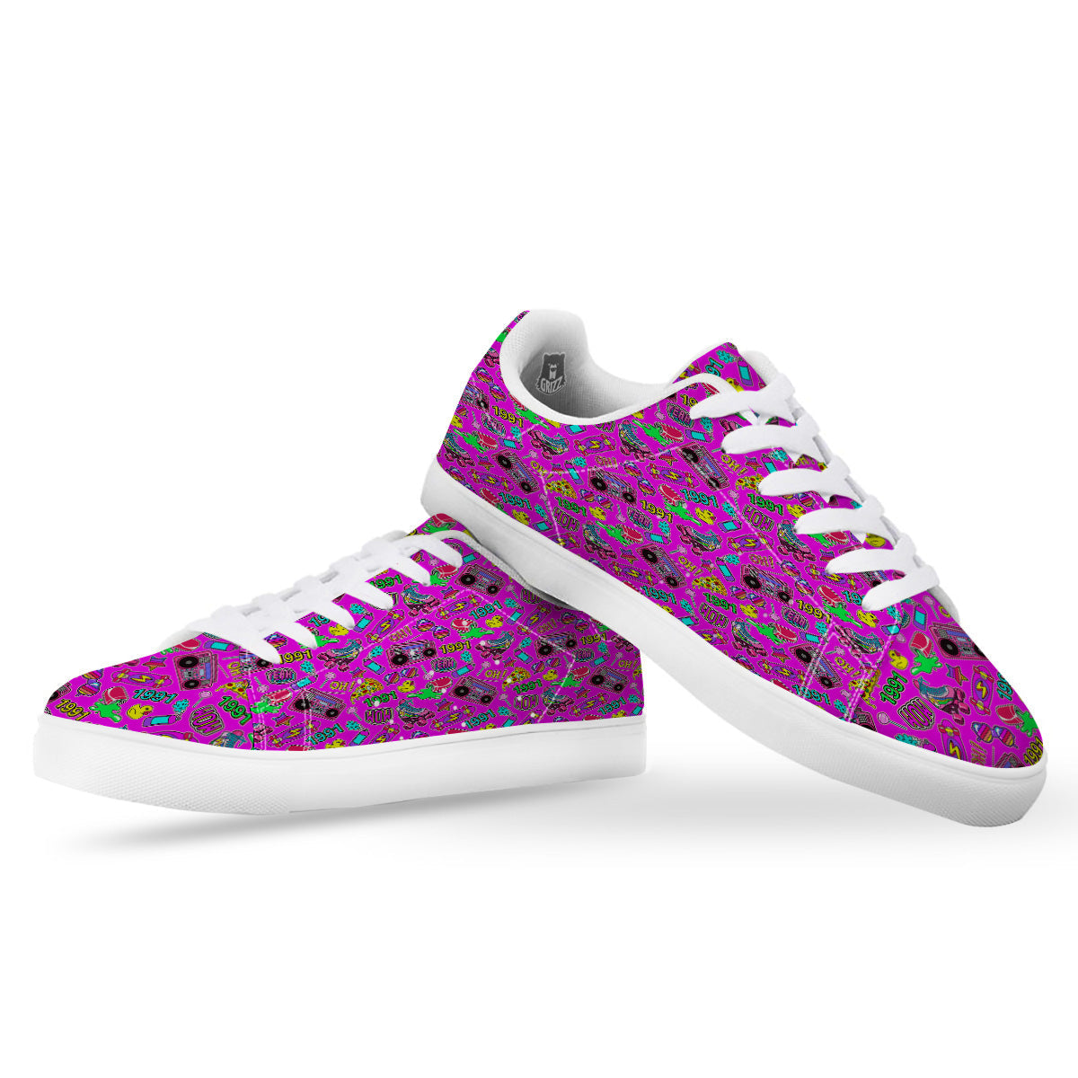 Pink Retro Stickers 90s Print Pattern White Low Top Sneakers-grizzshop