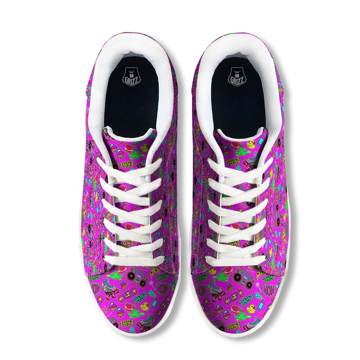 Pink Retro Stickers 90s Print Pattern White Low Top Sneakers-grizzshop