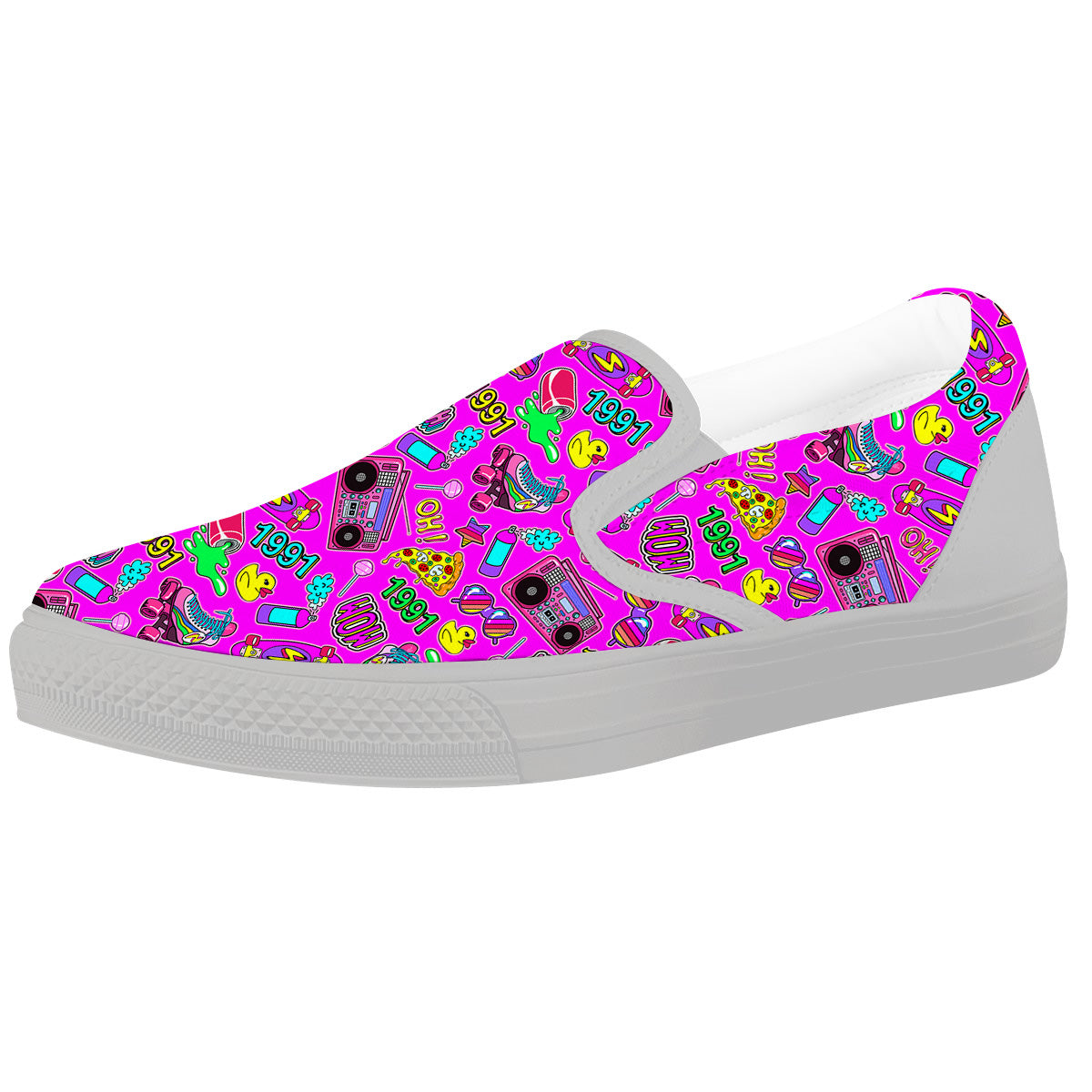 Pink Retro Stickers 90s Print Pattern White Slip On Shoes-grizzshop