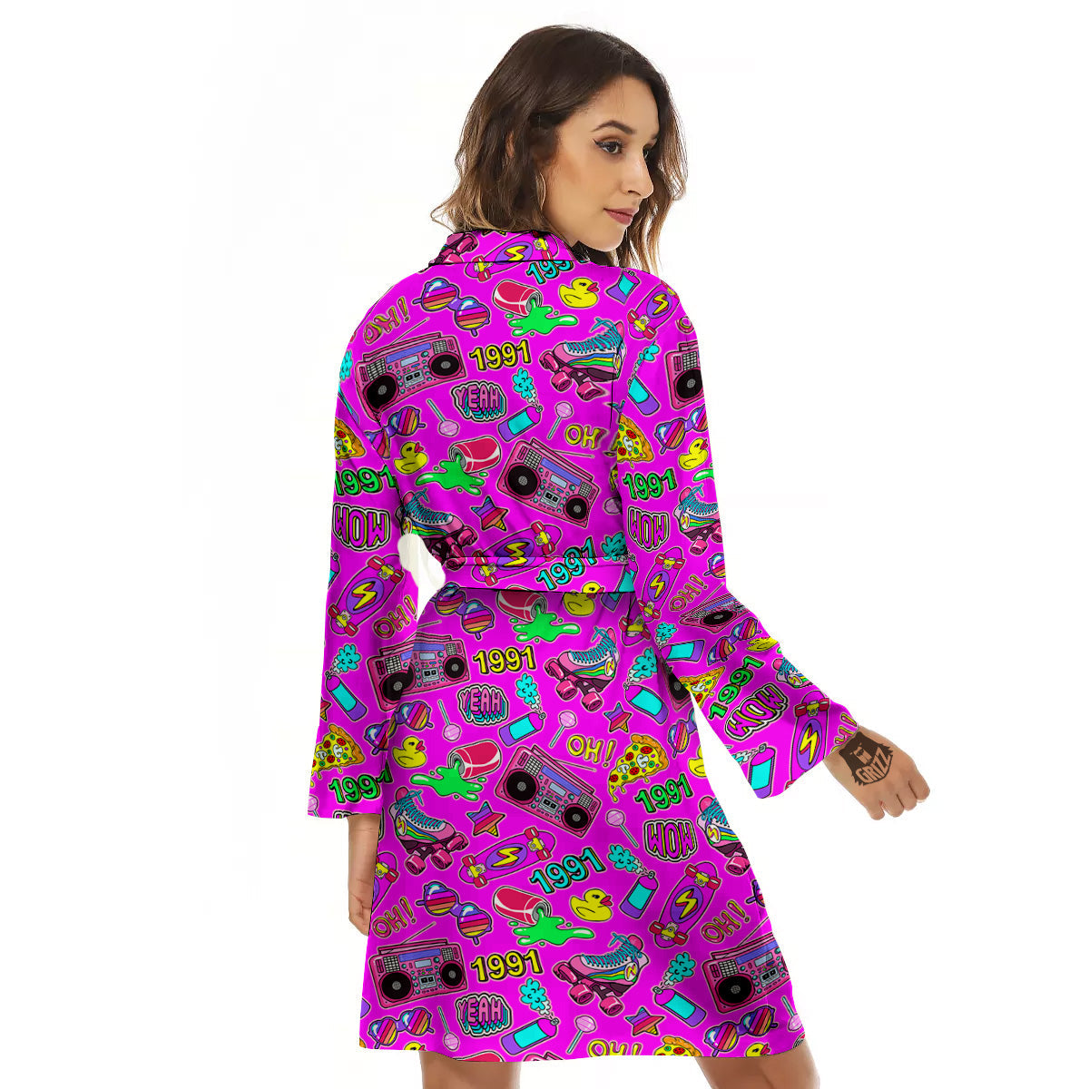 Pink Retro Stickers 90s Print Pattern Women's Robe-grizzshop