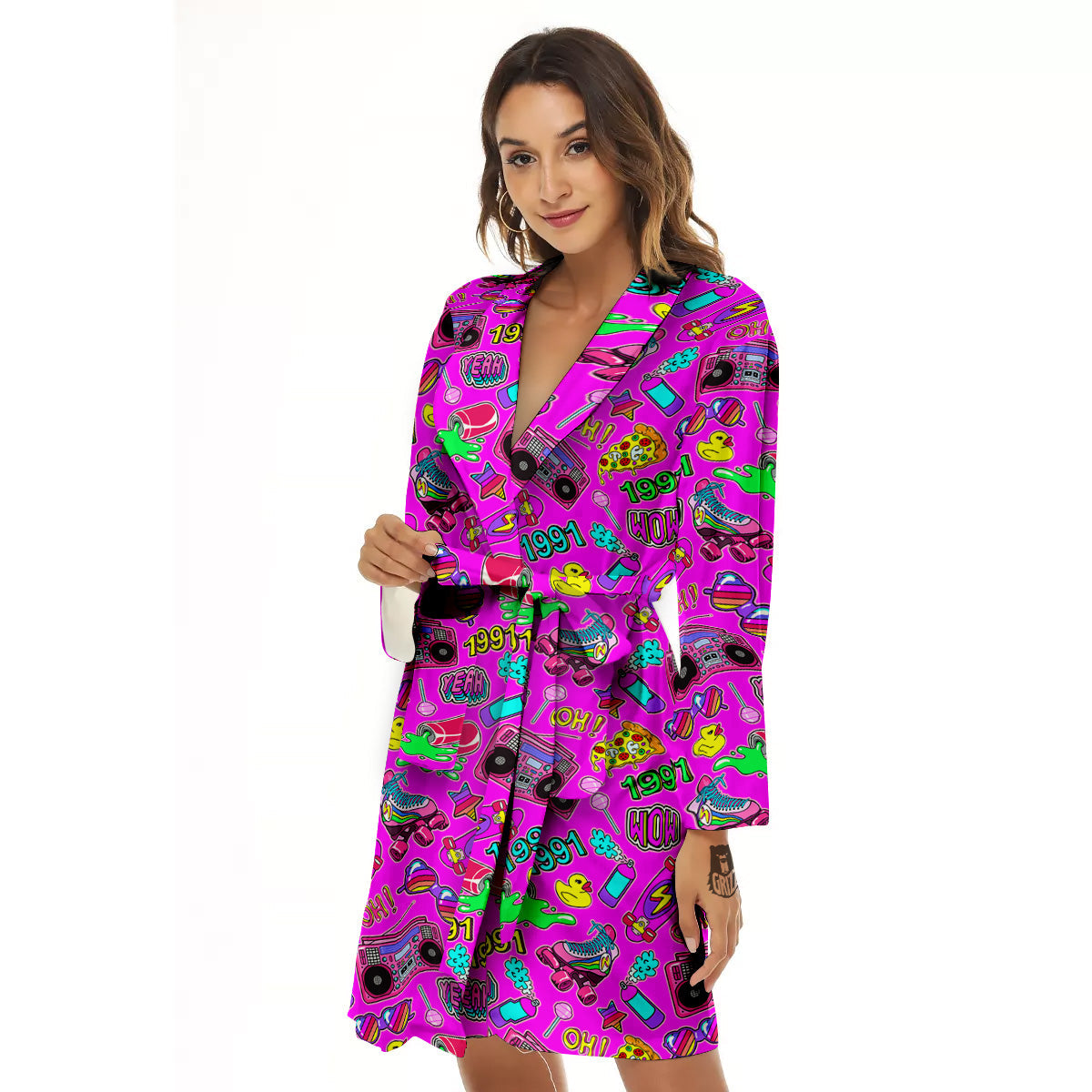 Pink Retro Stickers 90s Print Pattern Women's Robe-grizzshop