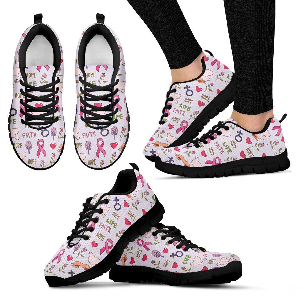 Pink Ribbon Breast Cancer Awareness Pattern Print Black Sneaker Shoes For Men Women-grizzshop