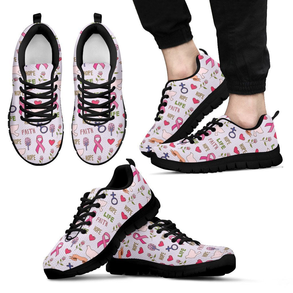 Pink Ribbon Breast Cancer Awareness Pattern Print Black Sneaker Shoes For Men Women-grizzshop