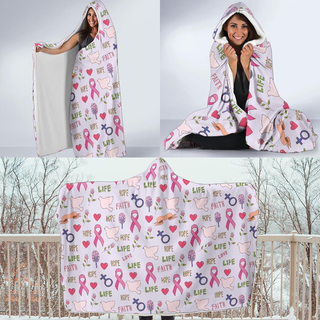 Pink Ribbon Breast Cancer Awareness Pattern Print Hooded Blanket-grizzshop