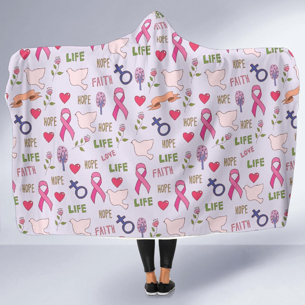 Pink Ribbon Breast Cancer Awareness Pattern Print Hooded Blanket-grizzshop